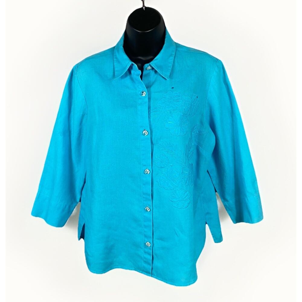 Laura Ashley 100% Linen Shacket Top Women’s Embroidered 3/4 Sleeves Medium
